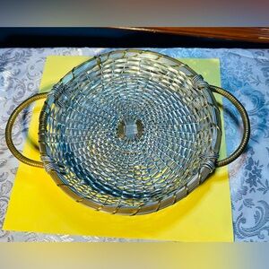Vintage 13" Estate Aluminum Chain Link Woven Bottom Basket round, Silver/Gold